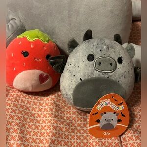 Squishmallows Gray Bat and Red Strawberry Plush Duo